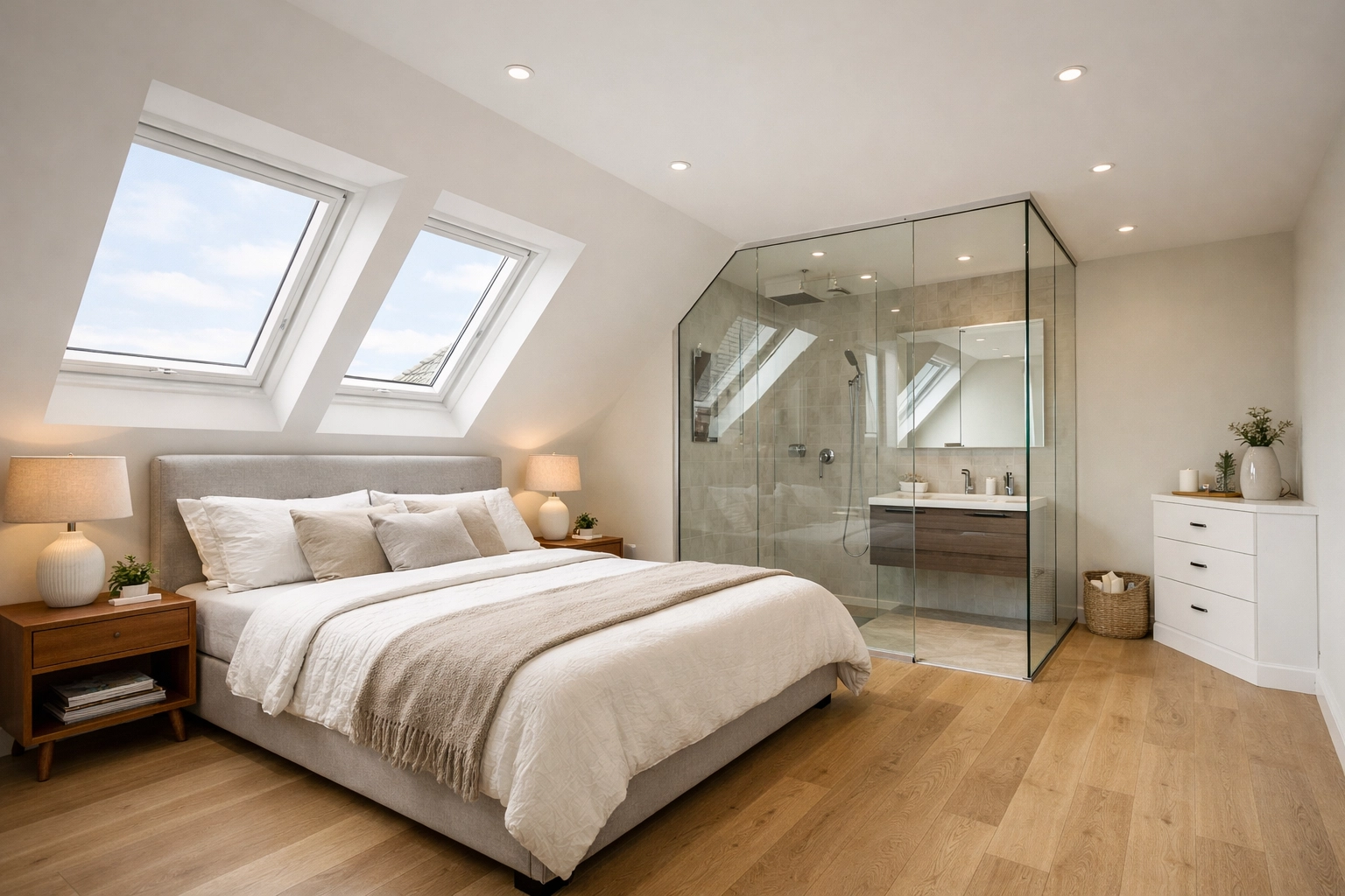 Modern loft conversion master suite in Epping featuring an en-suite and natural roof lighting.