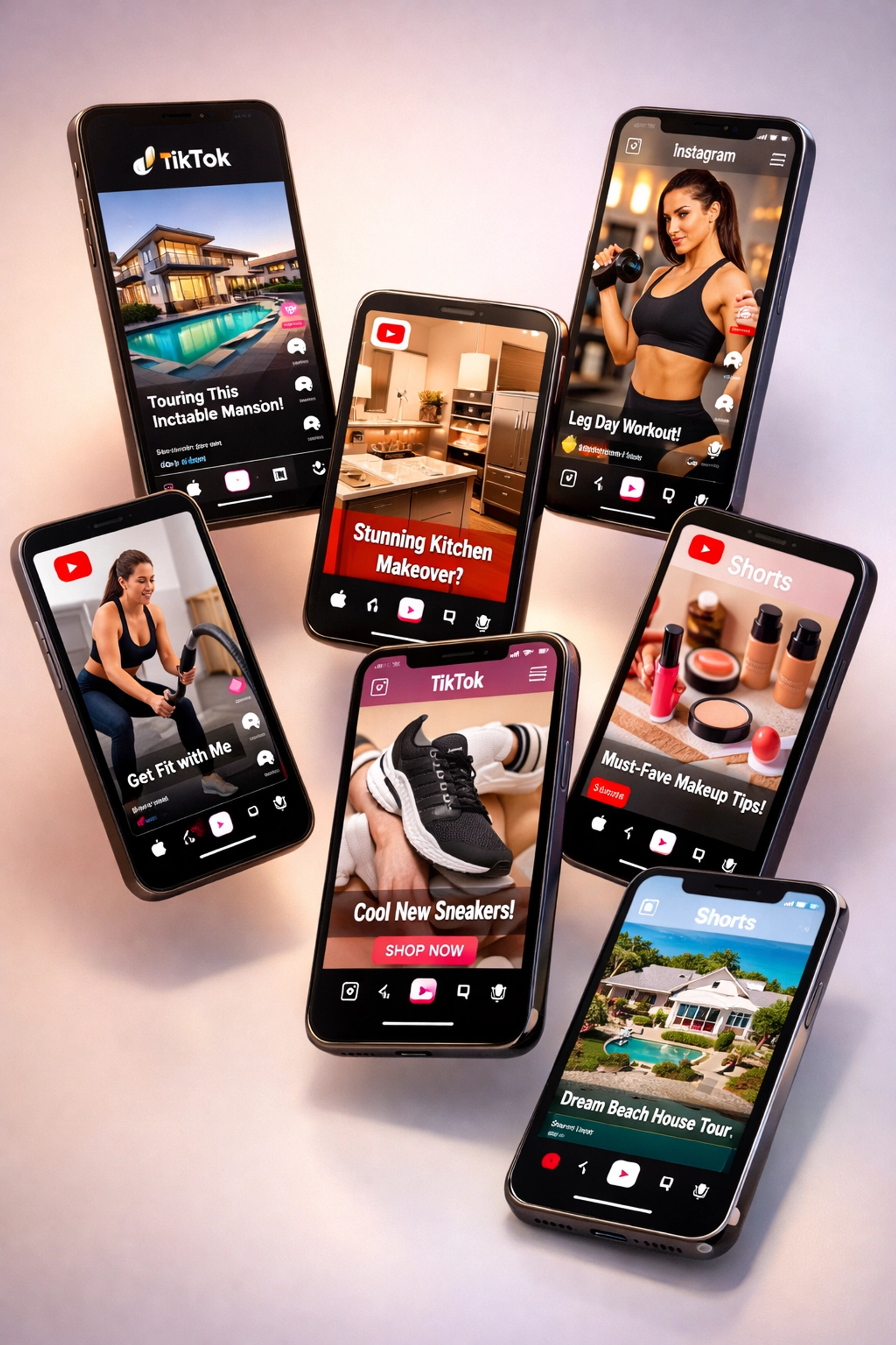 Multiple smartphones displaying TikTok, Instagram Reels, and YouTube Shorts video content