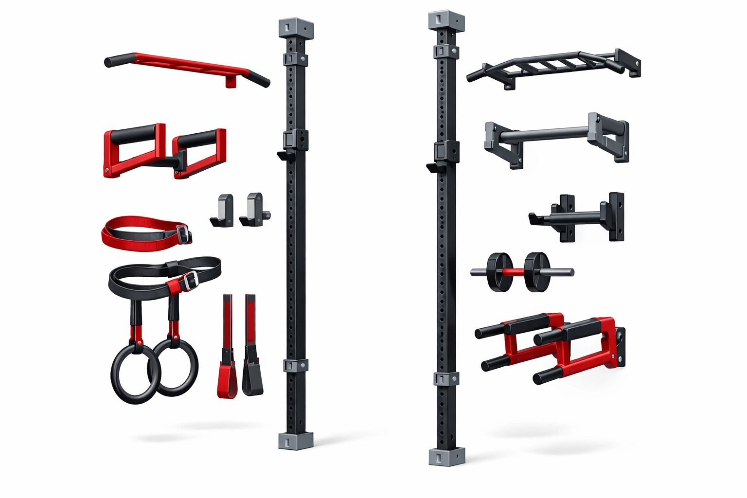 Modular home gym equipment with pull-up bars, rings, and resistance bands