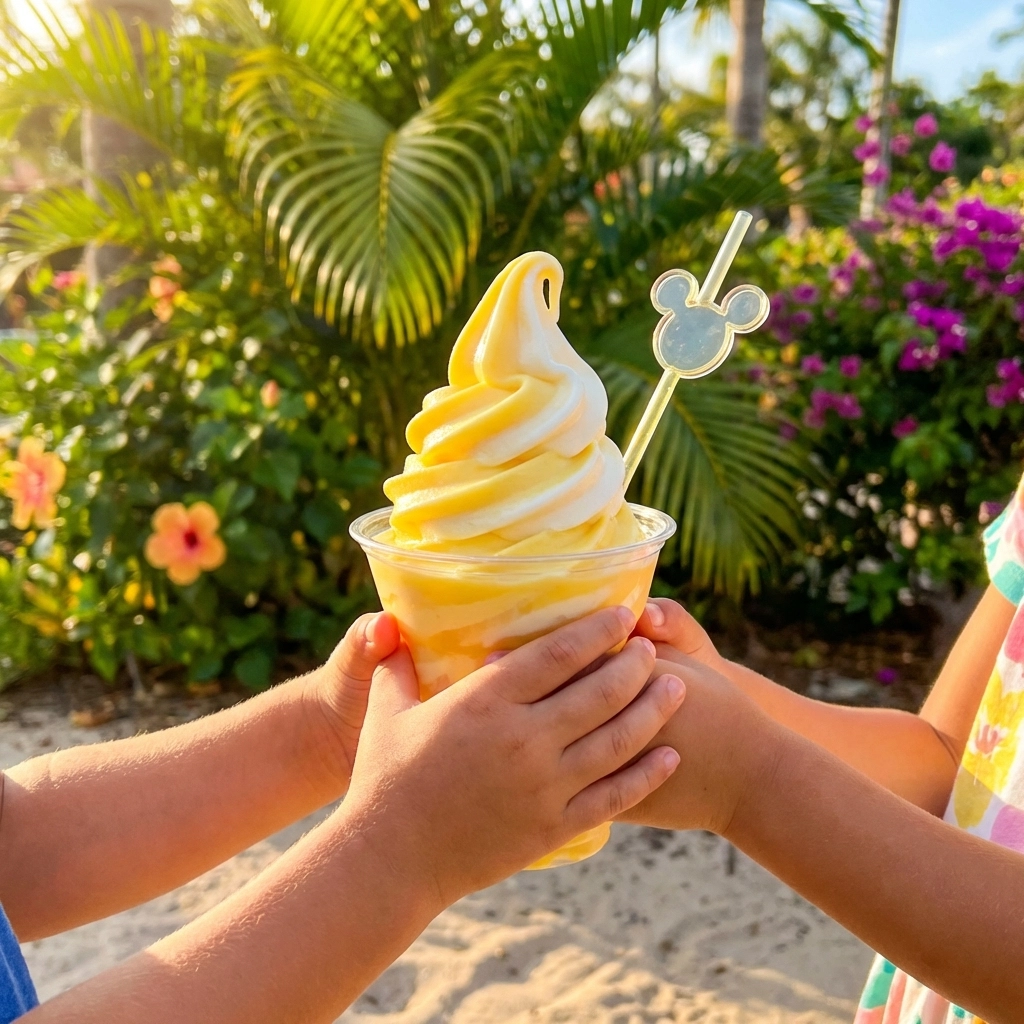 Child's hands holding iconic Disney Dole Whip treat, highlighting snack options in Disney's Quick-Service Dining Plan.