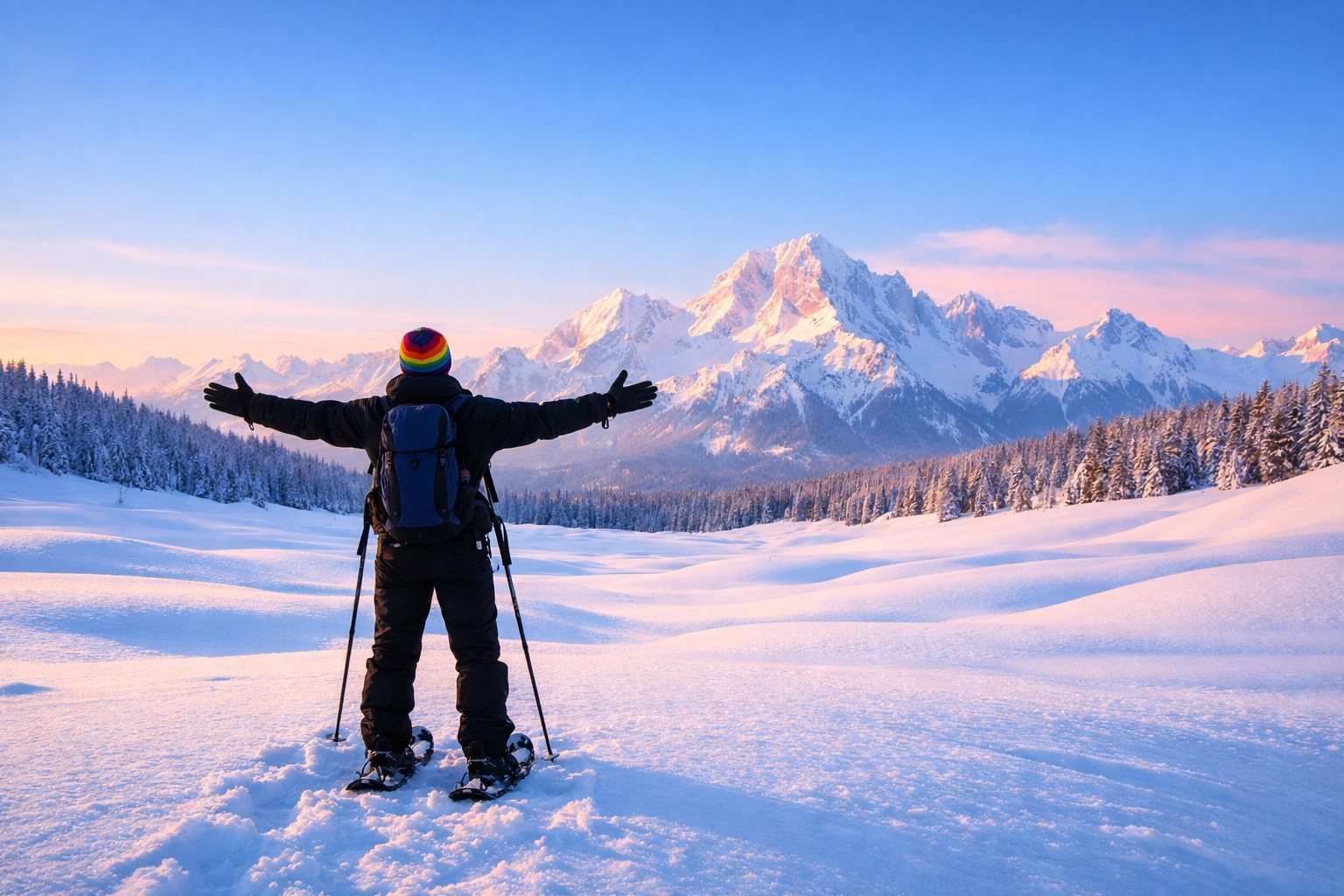 Solo hiker snowshoeing in pristine winter meadow with mountain views