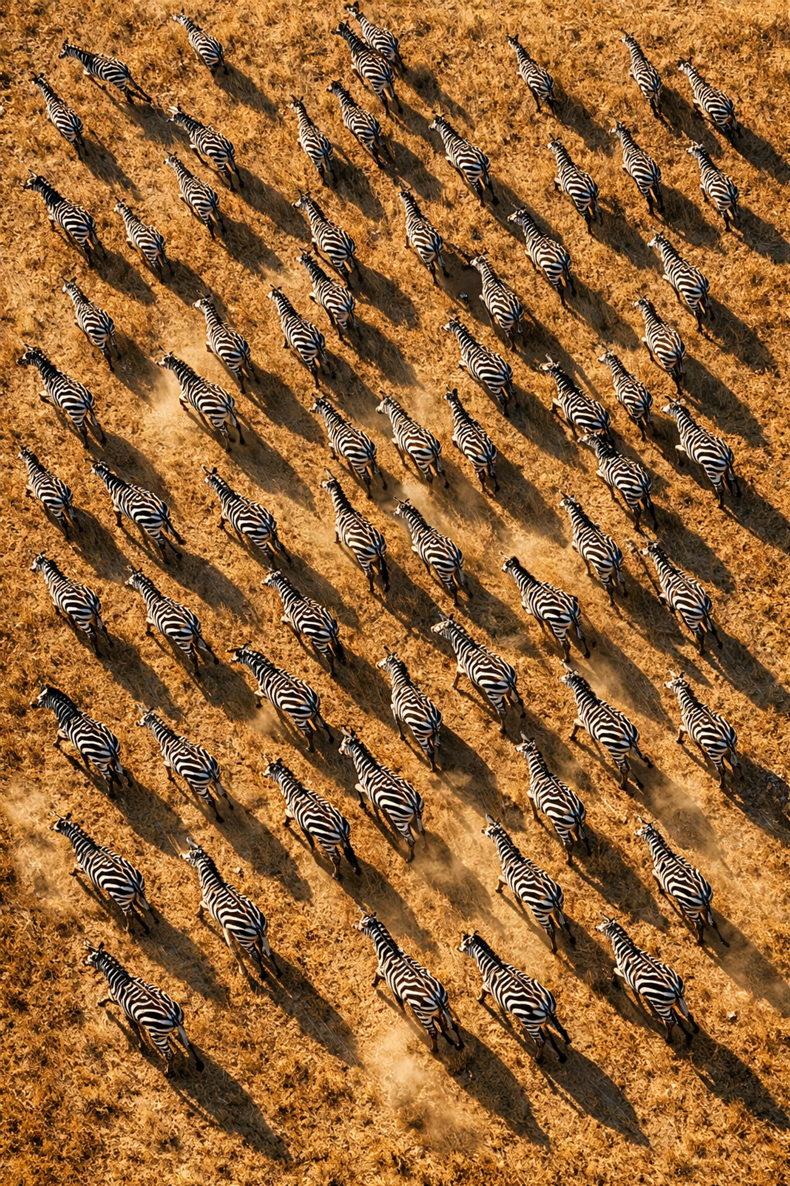 Aerial view of a zebra herd crossing the savannah, providing a fresh perspective for wildlife media.