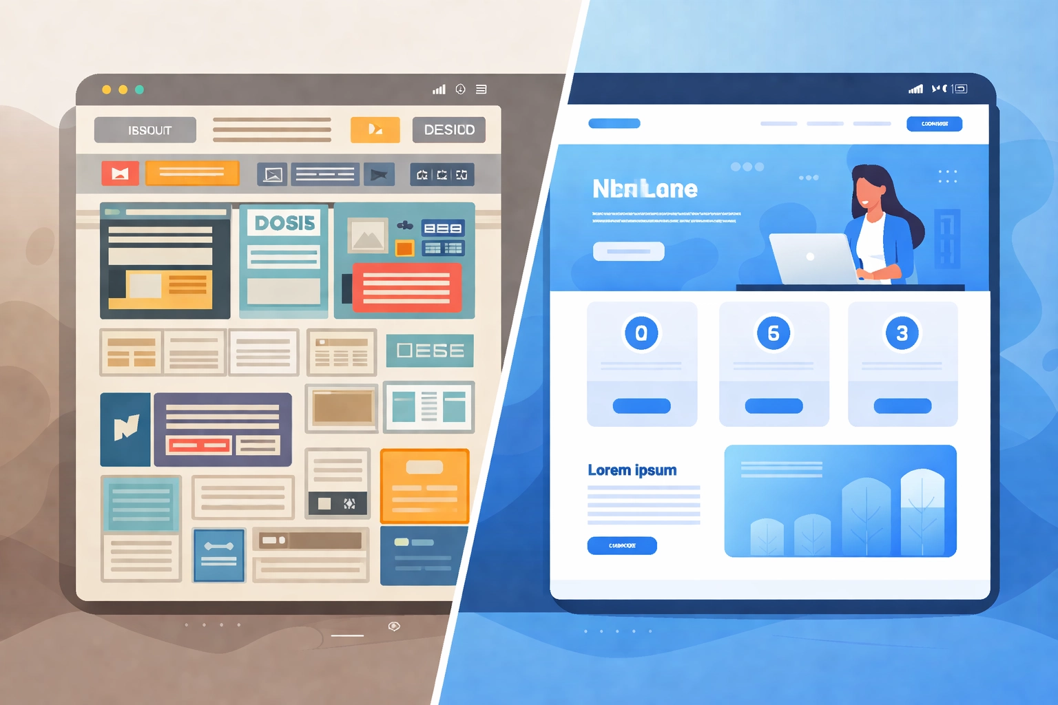 Side-by-side comparison of outdated cluttered website design versus modern clean layout