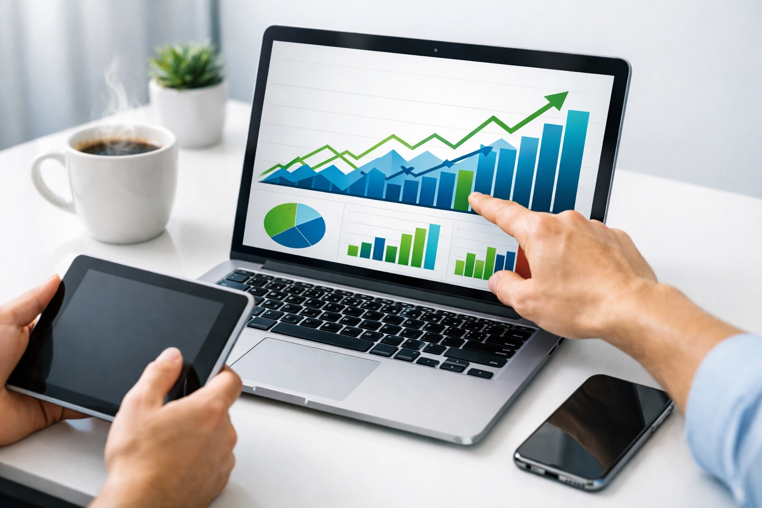A laptop displaying a data analytics dashboard used to track media asset performance and drive corporate revenue.