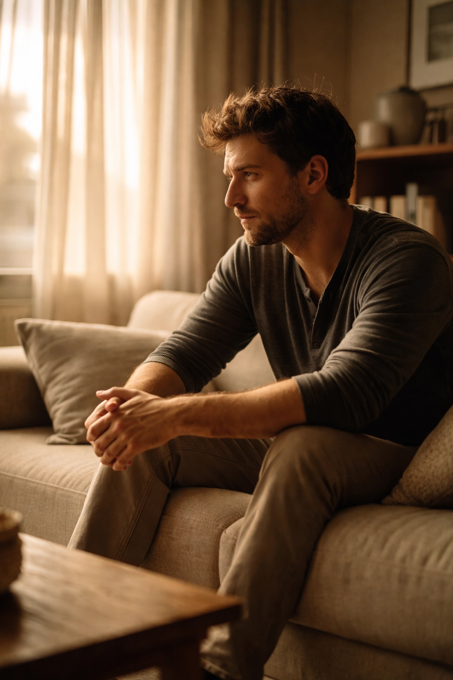 Férfi elgondolkodva ül a kanapén, a korai magömlés valódi okain töprengve