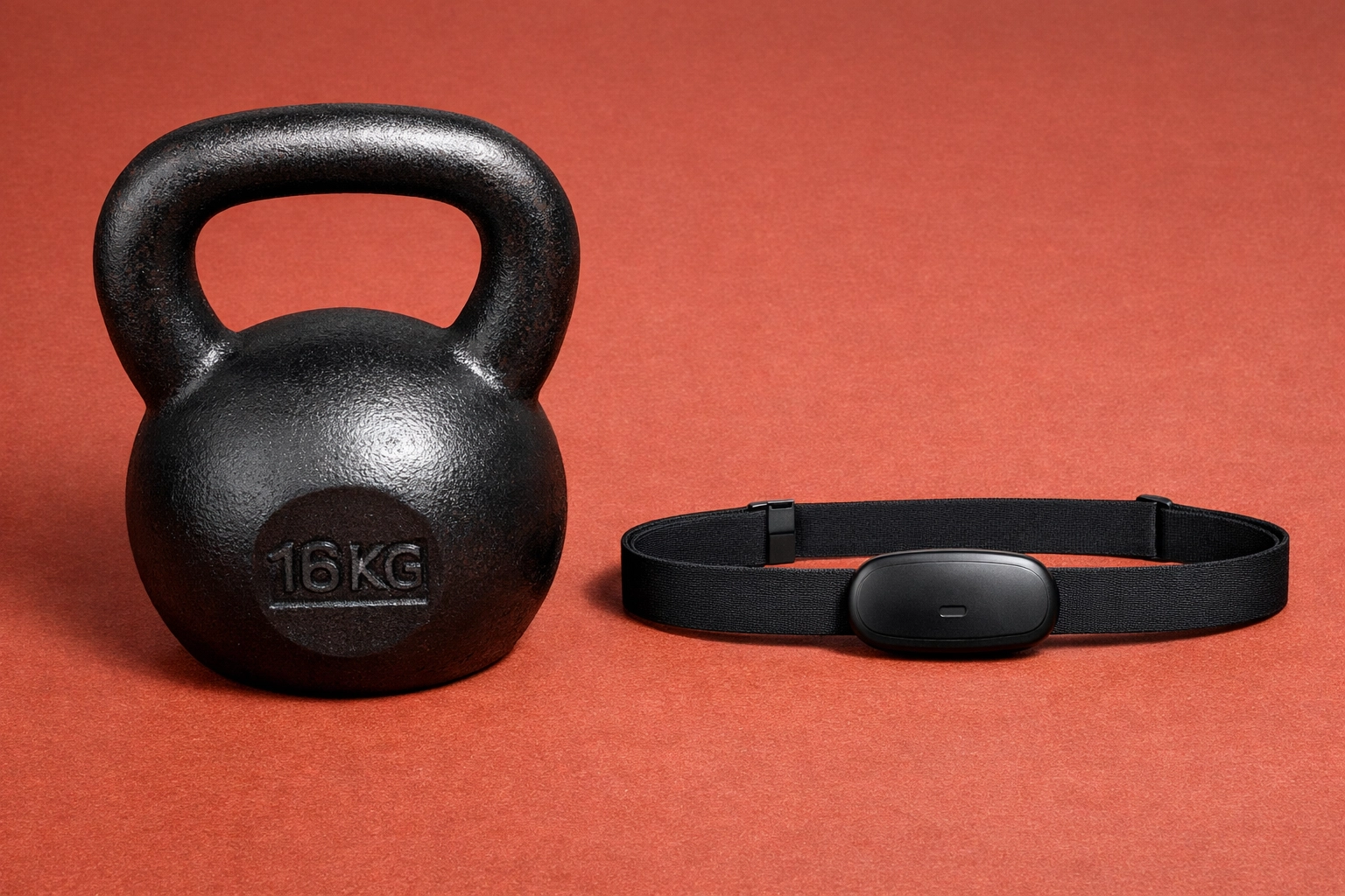 A heart rate monitor chest strap next to a kettlebell, showing the link between strength training and aerobic recovery.