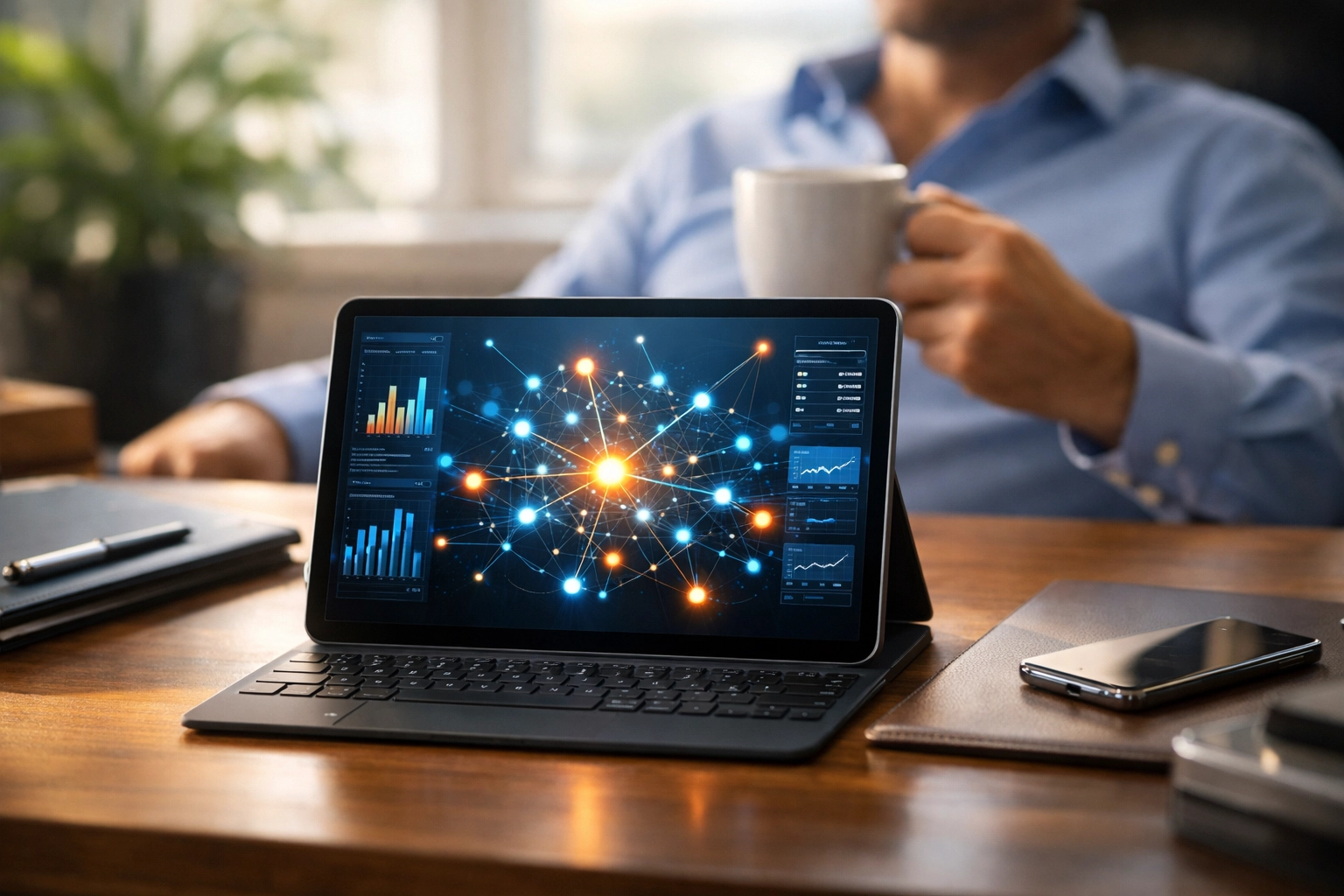 CRM automation dashboard on a tablet at a modern desk, helping a business owner manage operations efficiently.