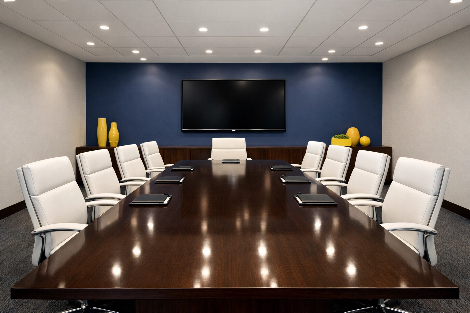 Professionally cleaned corporate boardroom in Leicester, MA featuring a streak-free table and organized chairs.
