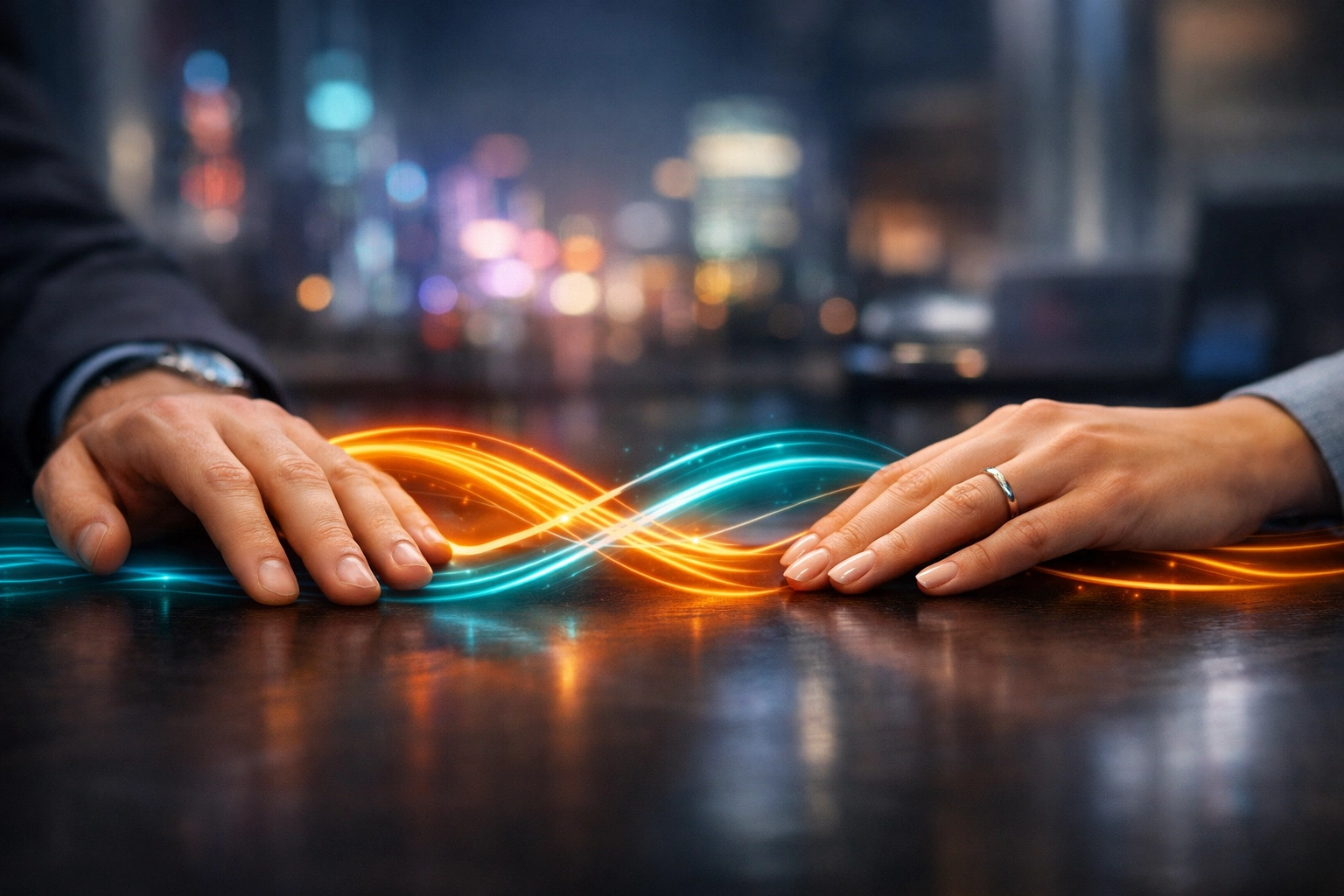 Close-up of coworkers' hands symbolizing continuous communication and consent at work.