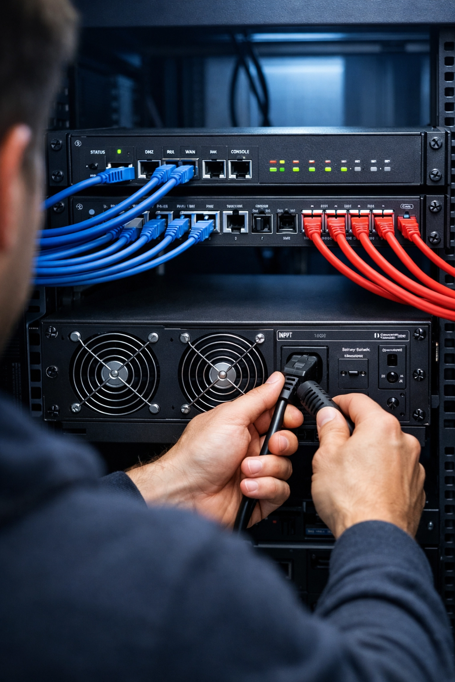 IT professional securing UPS system with firewall protection and organized network cables in data center