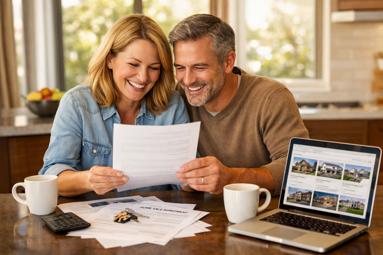 Happy couple reviewing home sale documents celebrating real estate commission savings