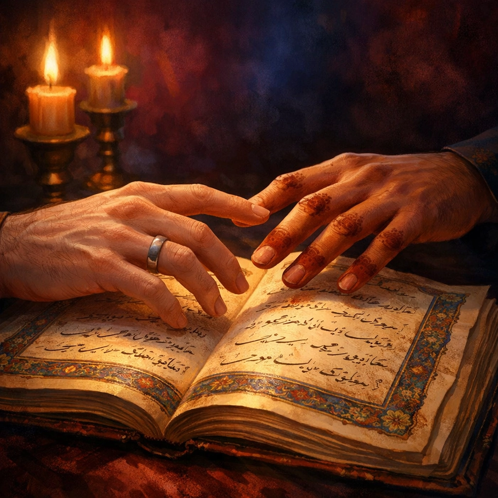 Hands nearly touching over Persian poetry book, illustrating desire and tension in gay romance