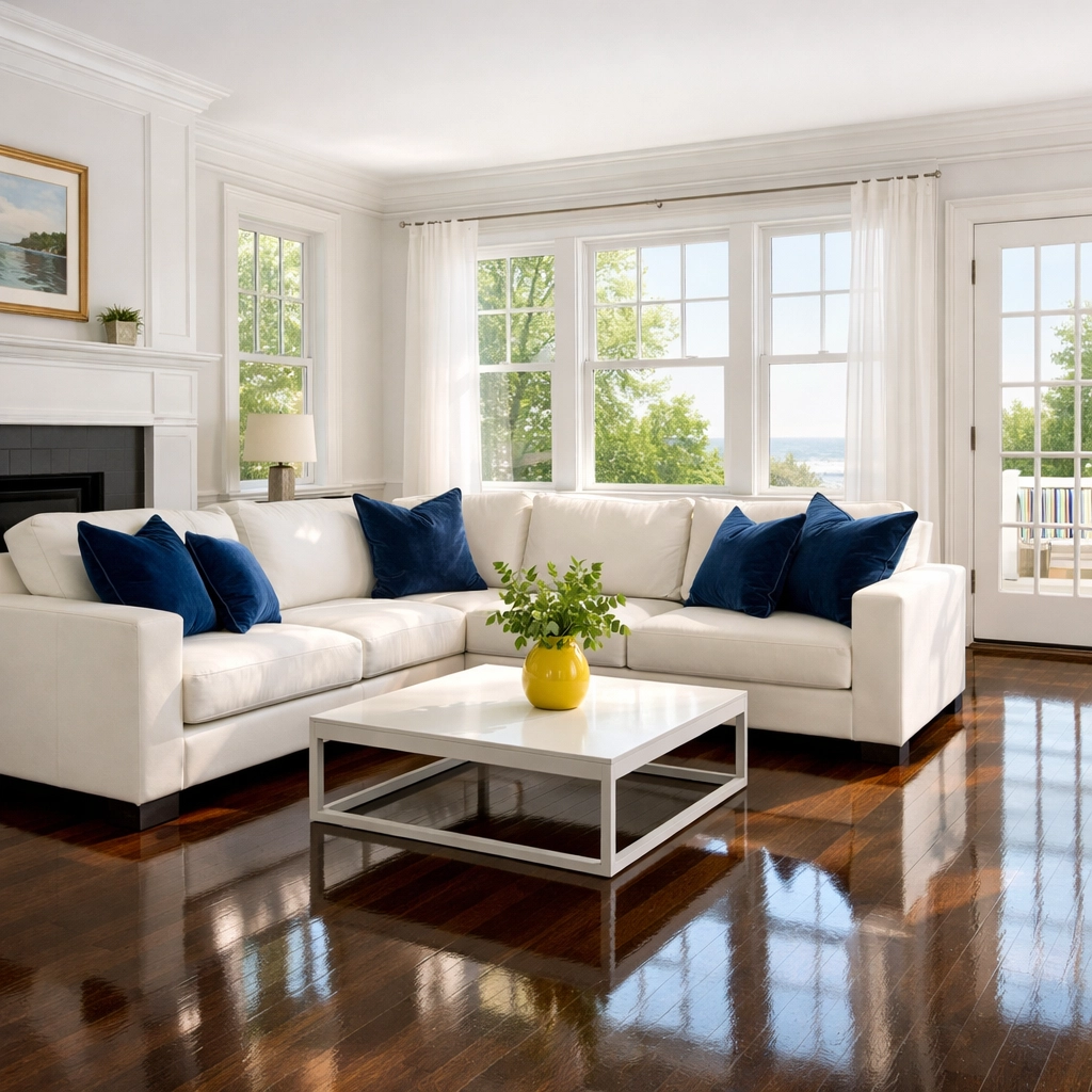 Sun-drenched living room with clean hardwood floors from House Cleaning Pepperell MA service.
