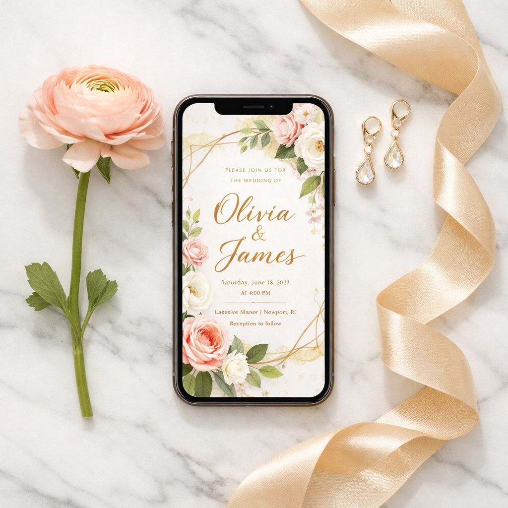 Modern digital wedding invitation on a smartphone to help couples save on paper stationery costs.