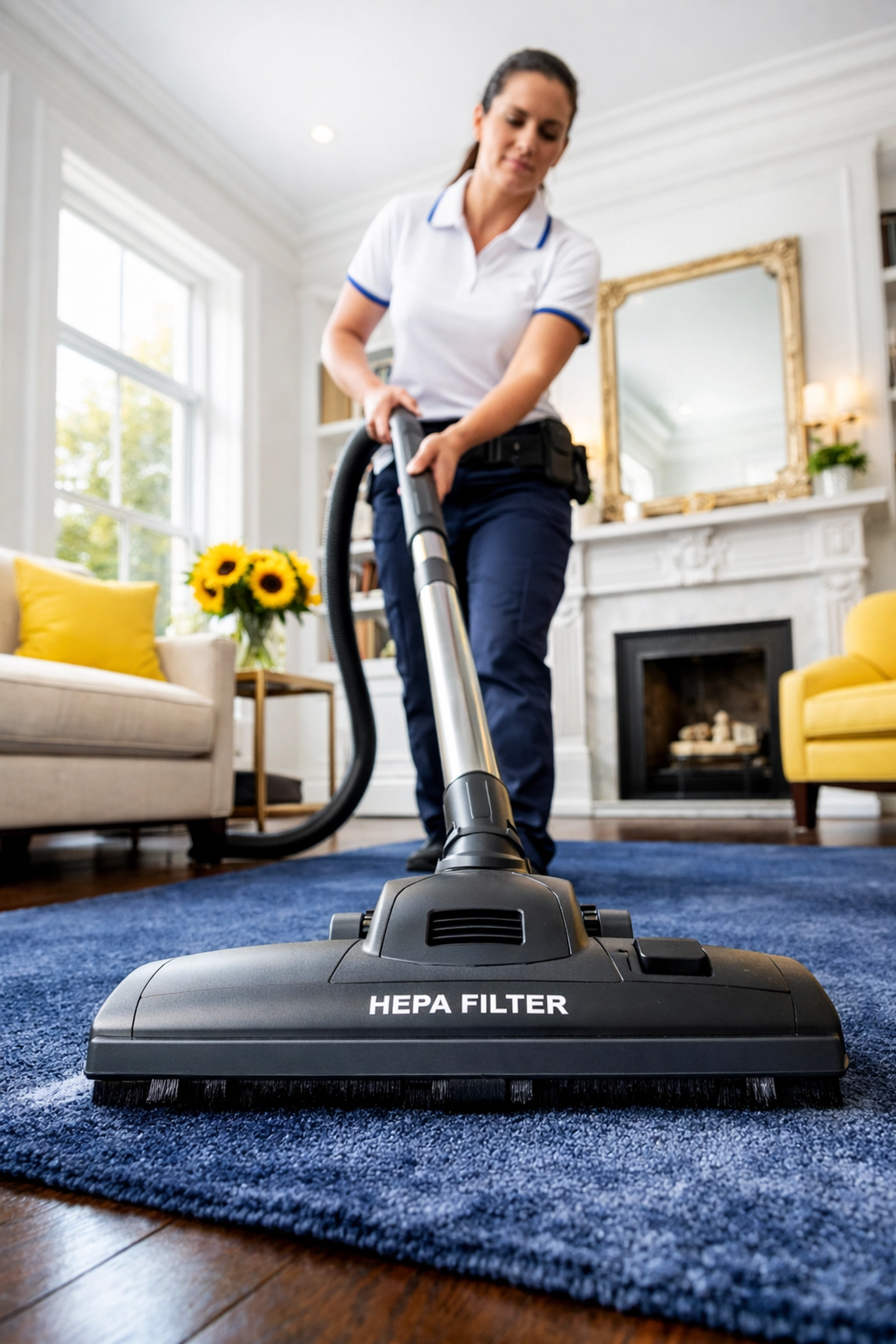 Professional house cleaning services MA expert using a HEPA vacuum in a Boston living room.
