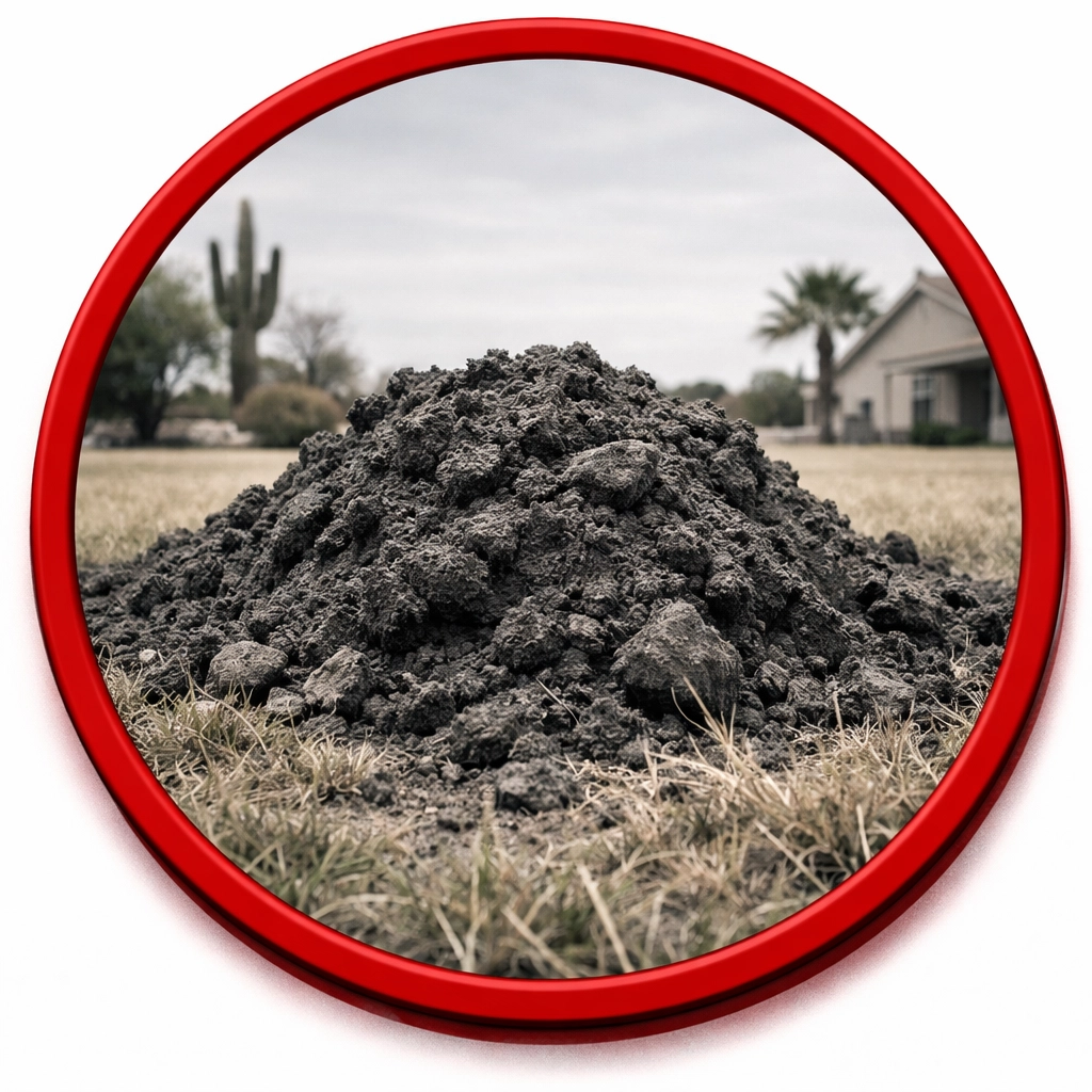 Fresh gopher mound in a Casa Grande yard requiring professional gopher control services.
