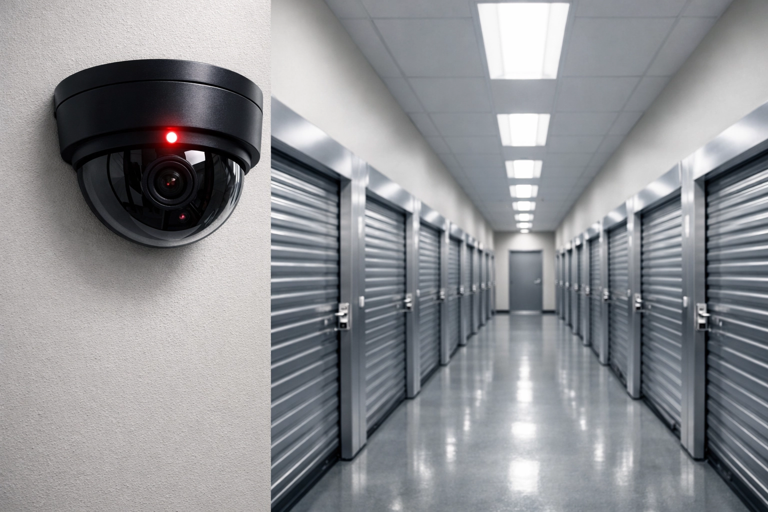 High-tech CCTV security overlooking secure storage units at a Hertford warehouse facility.