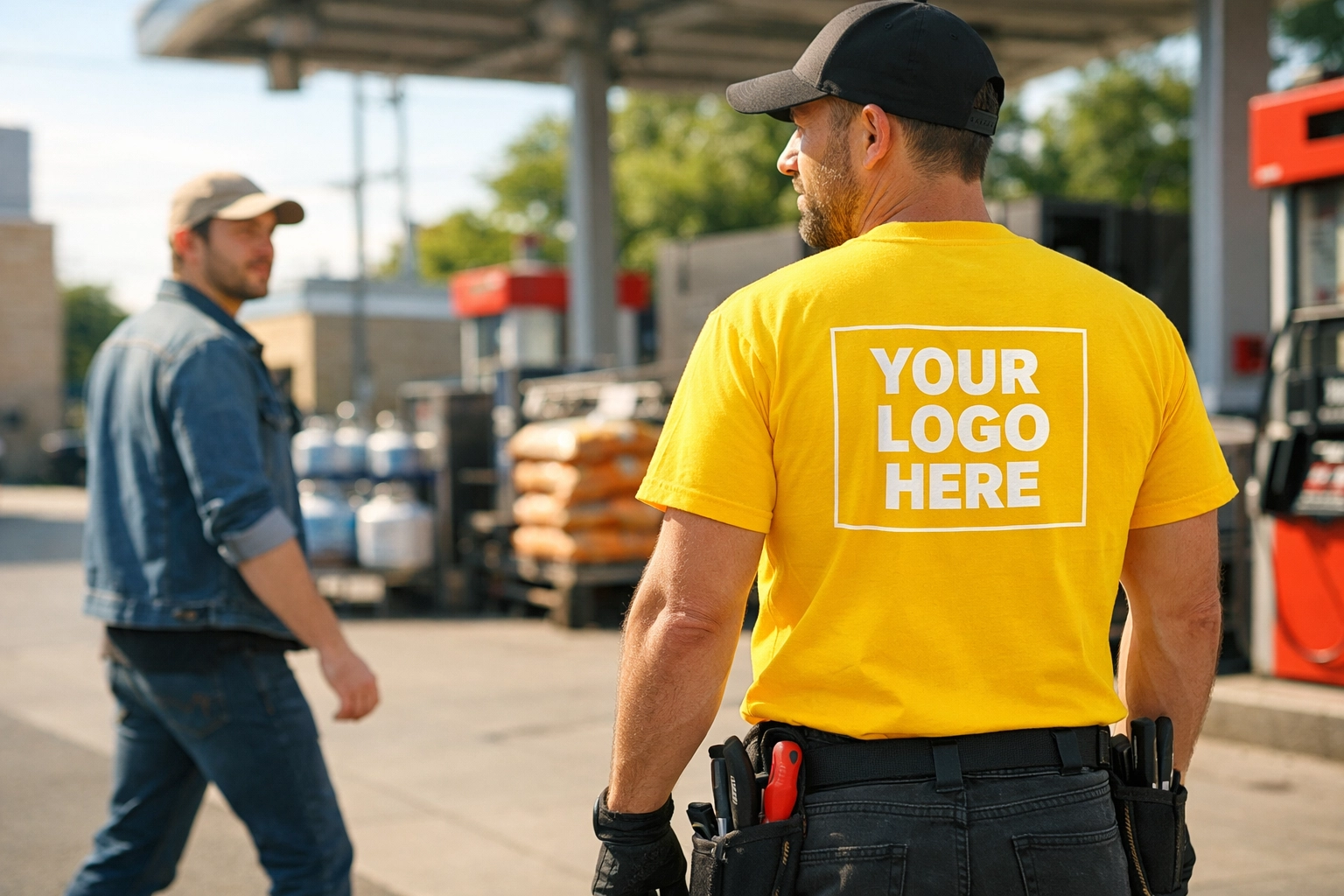 A worker in a yellow custom t shirt acting as a walking billboard in the local community.