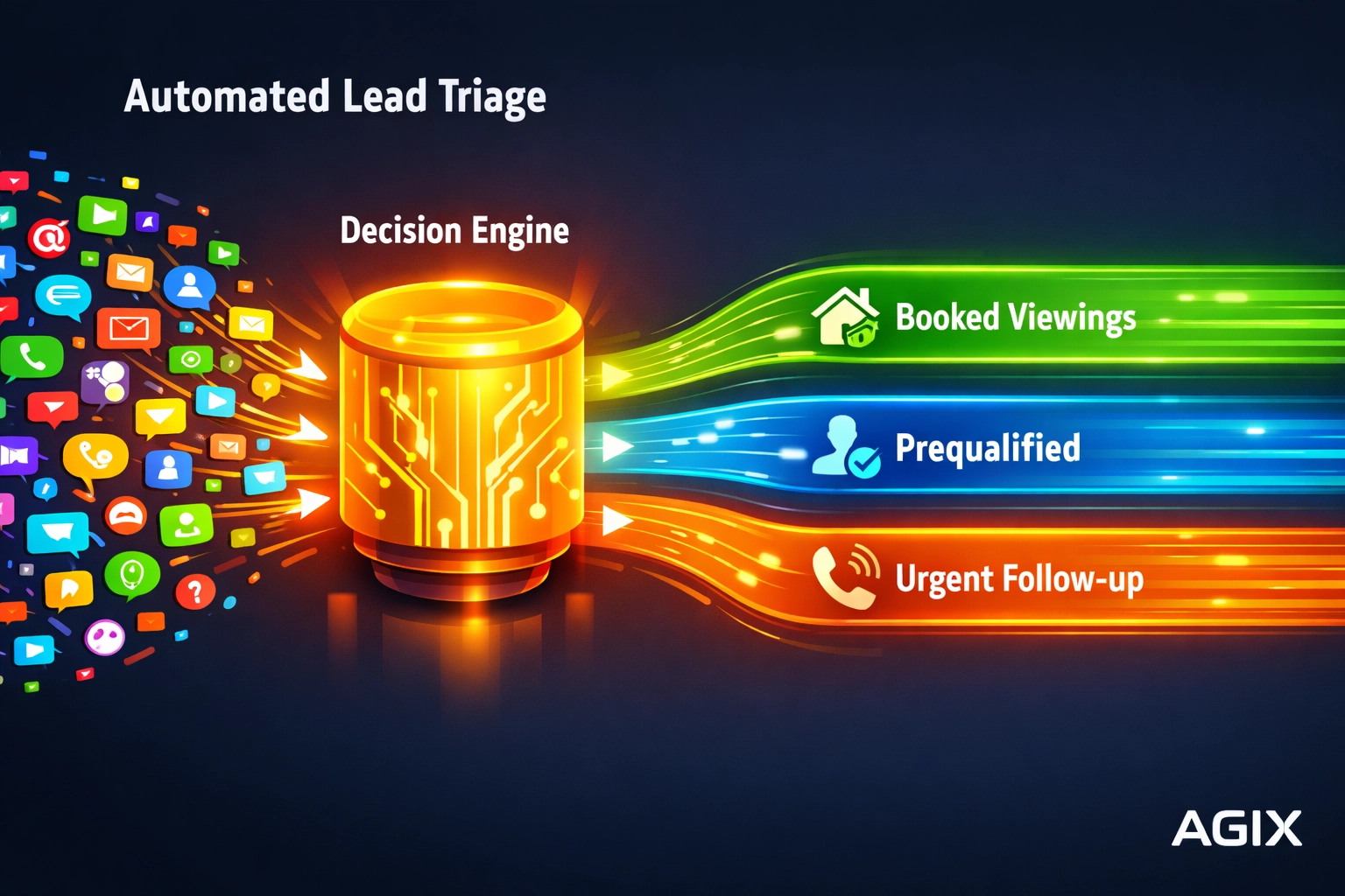 Process map of automated lead triage for real estate using an AI decision engine to capture leaked leads.