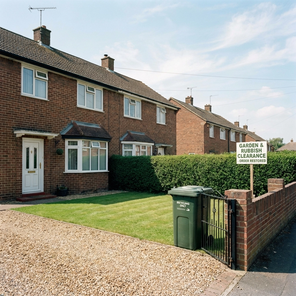 Clean, tidy British terraced house garden with empty driveway after professional rubbish removal
