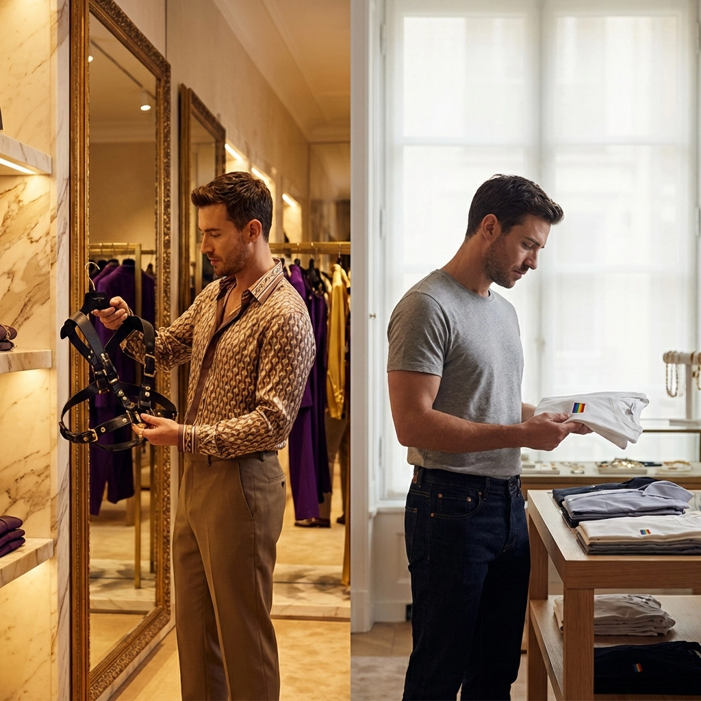 Two gay men comparing luxury designer and affordable pride fashion in a boutique setting