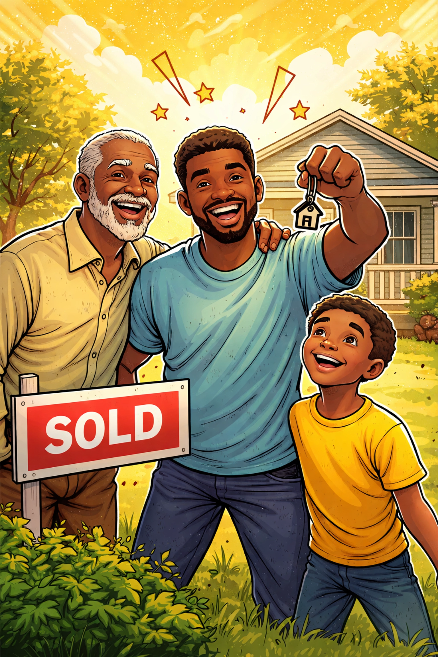 Three generations of Black men stand proudly in front of their new home, symbolizing generational wealth and homeownership.