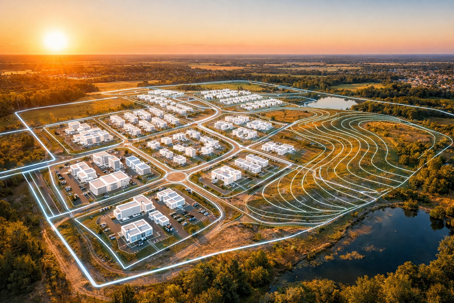 Land development site in Ontario with professional site grading plan CAD overlays.