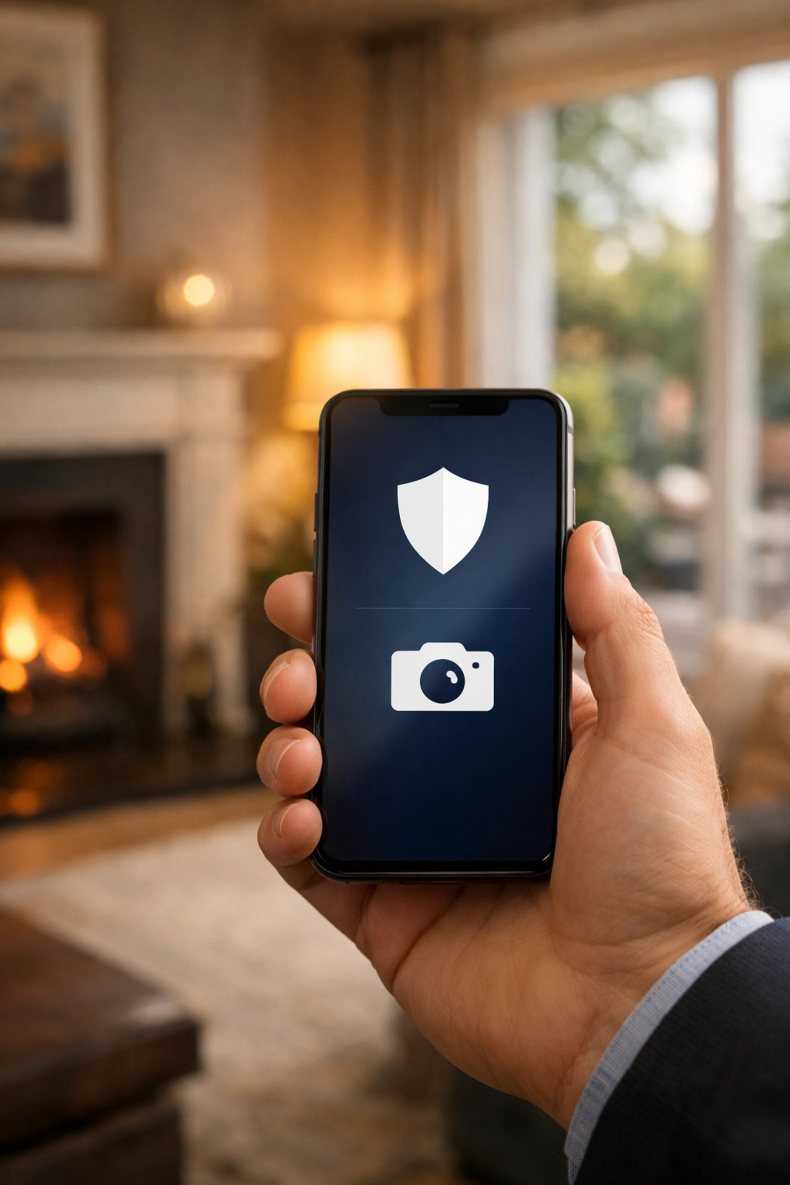 Managing home security in Cheltenham via a smartphone app from a cozy living room with a garden view.