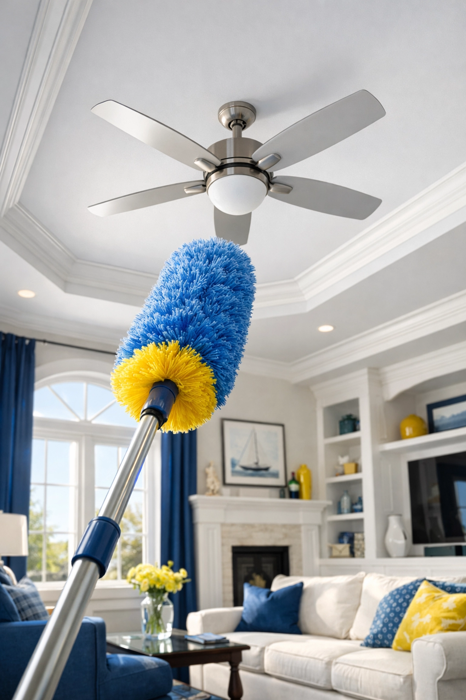 Professional duster cleaning a high ceiling fan during a deep cleaning Norfolk session.