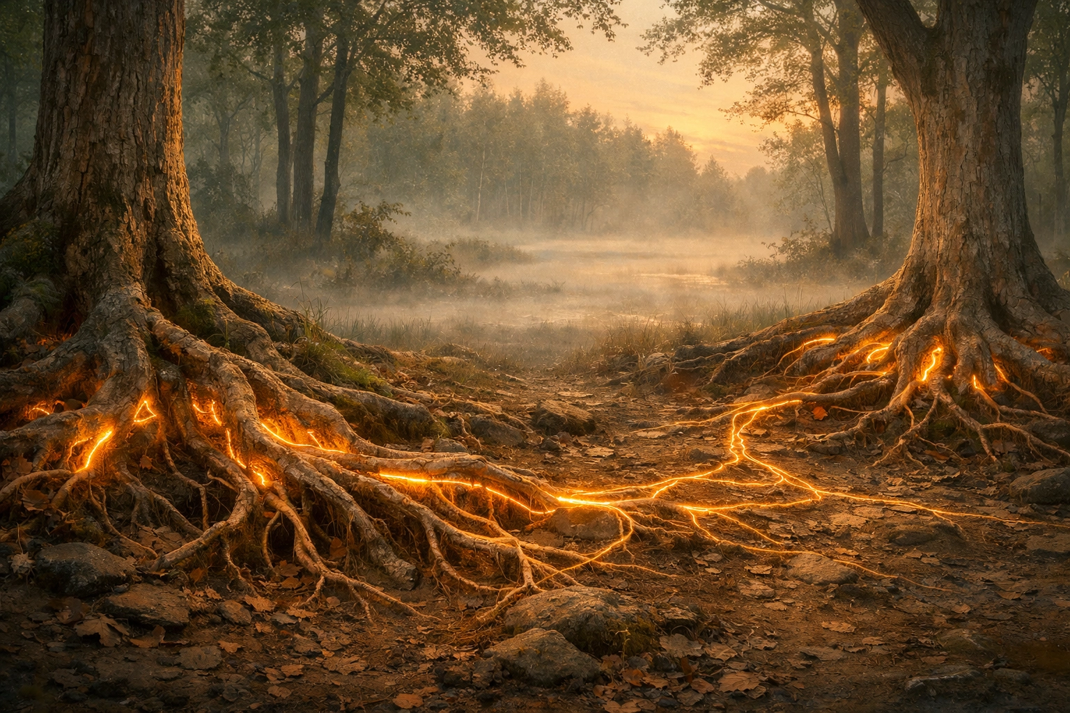 Misty forest at dawn with glowing roots, illustrating collective healing and spiritual connection.
