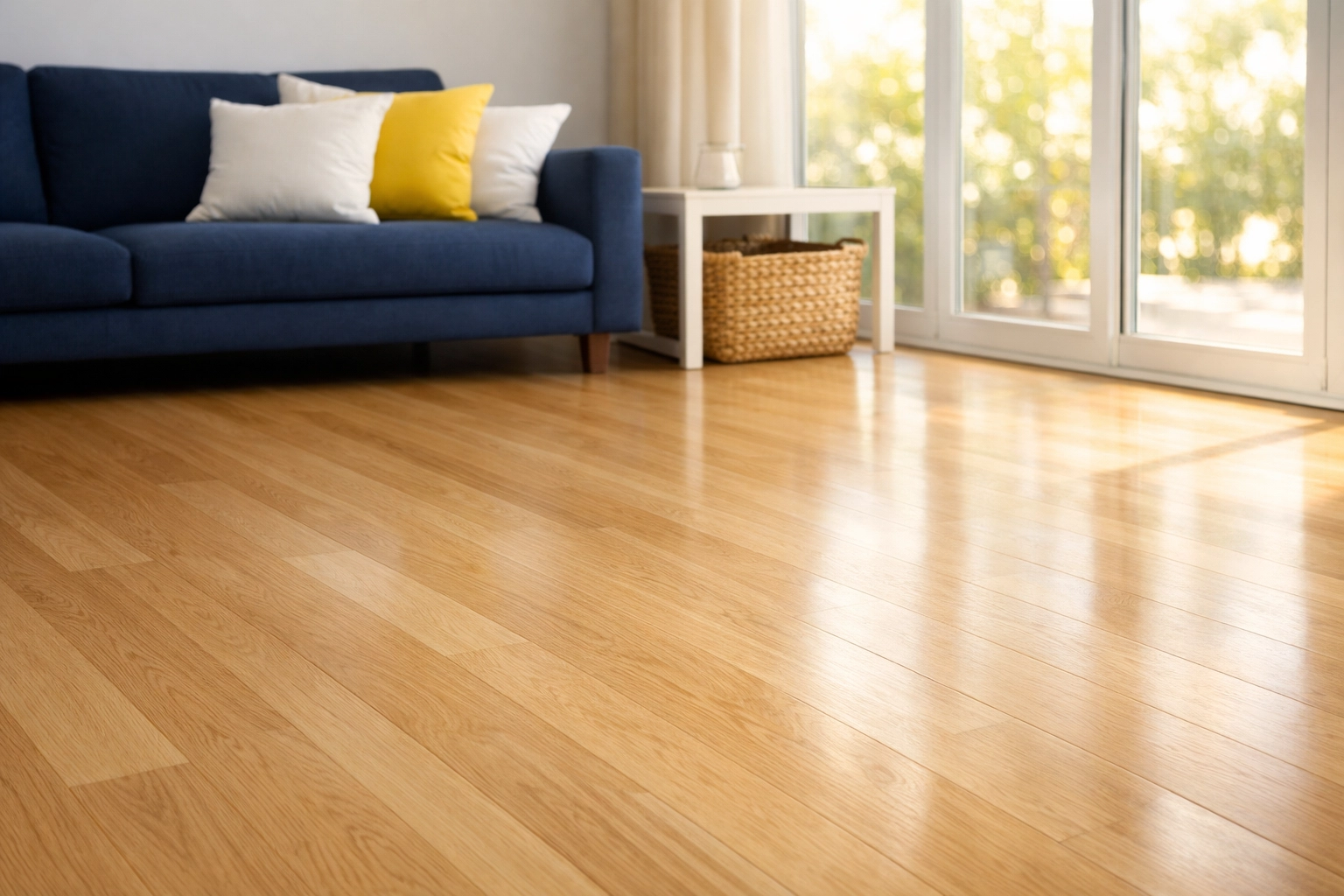 Clean, decluttered living room with polished wood floors ready for a bi-weekly house cleaning service.