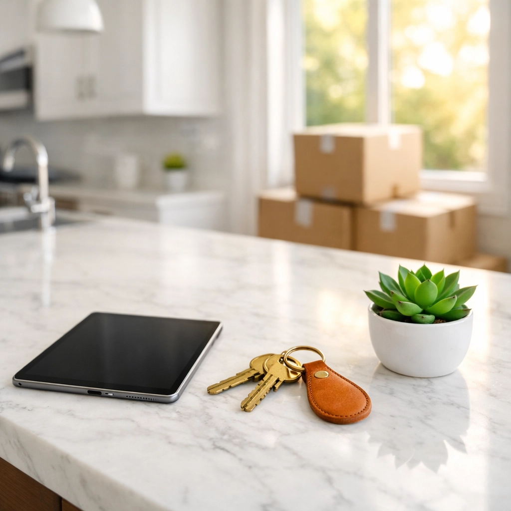 House keys on a kitchen counter near moving boxes for a stress-free utility setup in a new home.