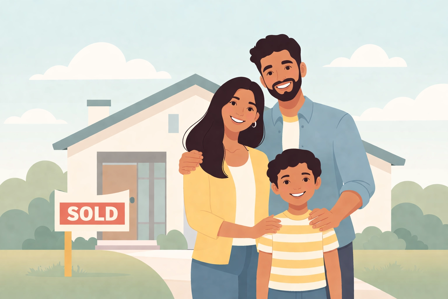 Familia latina feliz frente a su nueva casa después de completar la compra