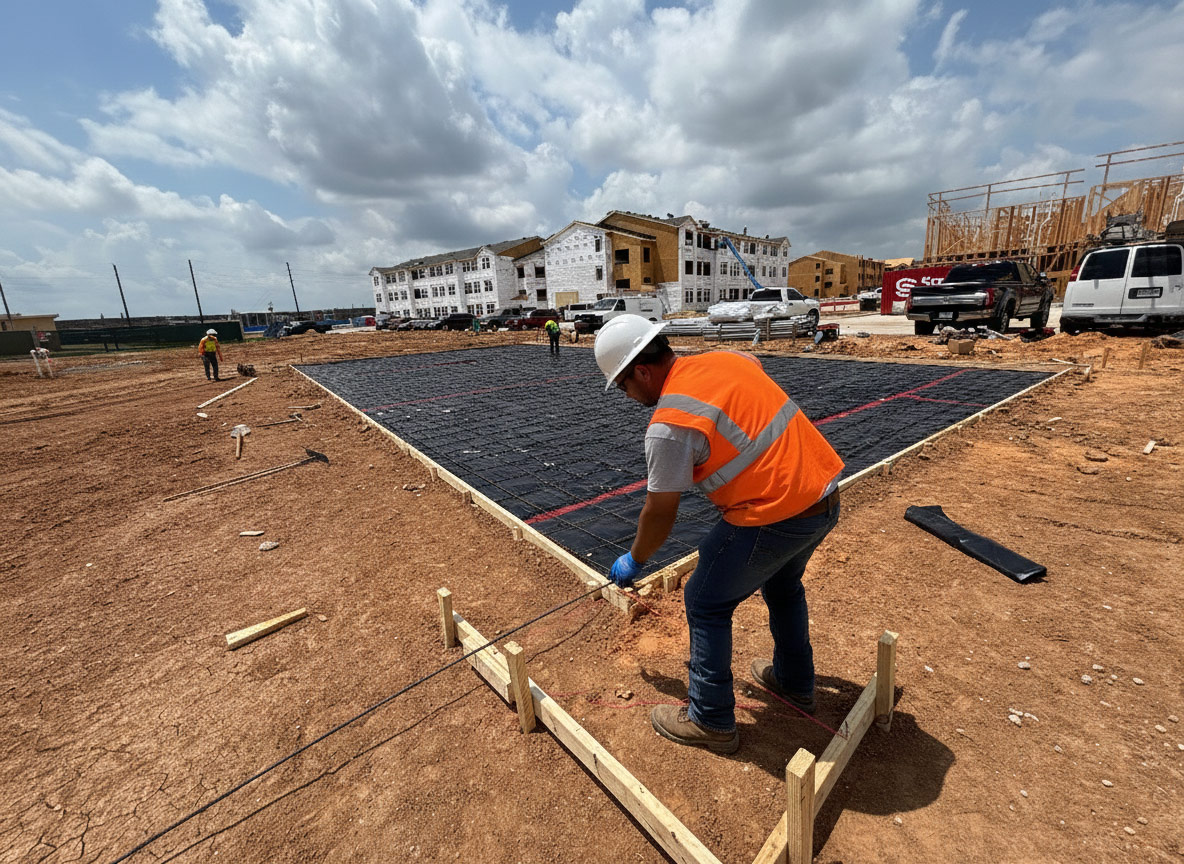 Crew member setting up critical formwork and string lines for a reinforced concrete foundation