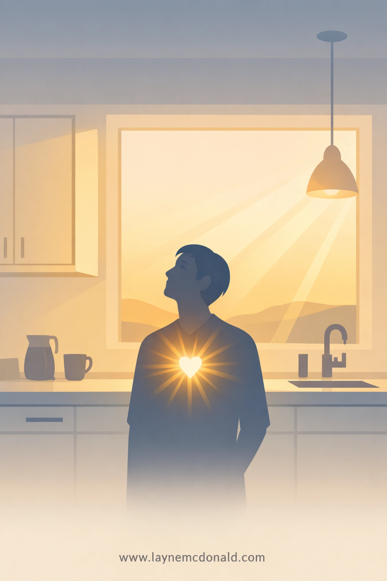 Person worshiping God in everyday moments during morning routine in kitchen