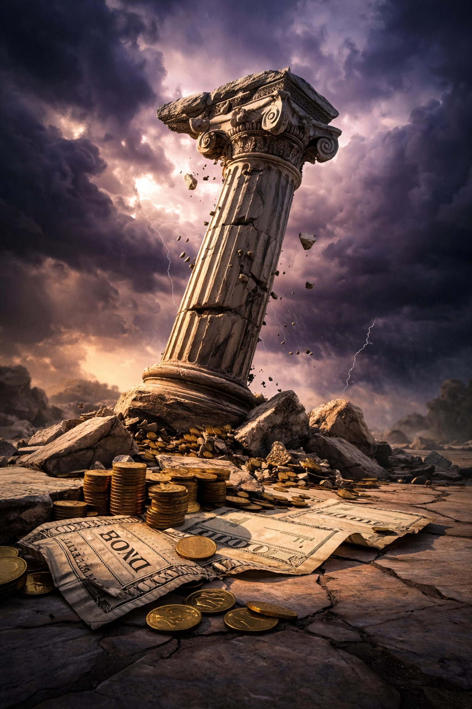 A crumbling Greek column with coins and bonds symbolizes the decline of the traditional 60/40 investment portfolio.