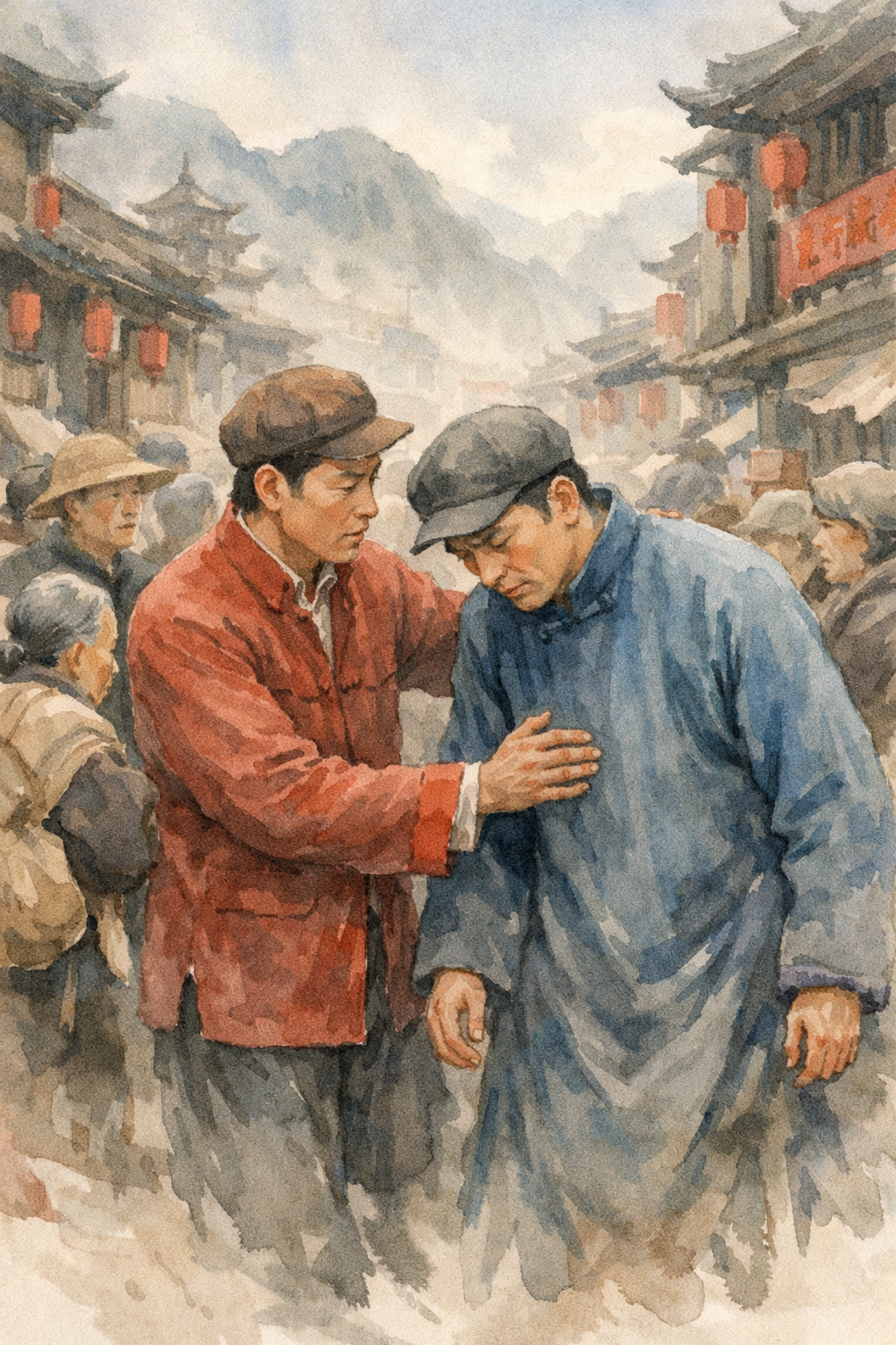 Gay couple on crowded Chongqing street during WWII - historical MM romance representation