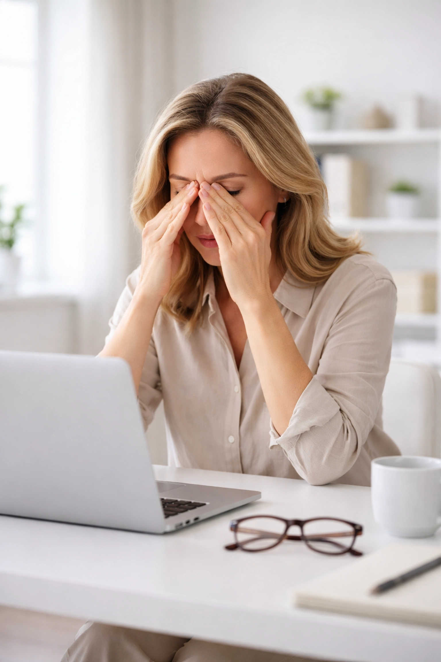 Woman experiencing eye strain at a modern desk, highlighting the need for advanced lens technology