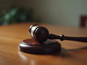 A close-up of a judge’s gavel resting on a wooden sound block, symbolizing justice, authority, and legal proceedings.