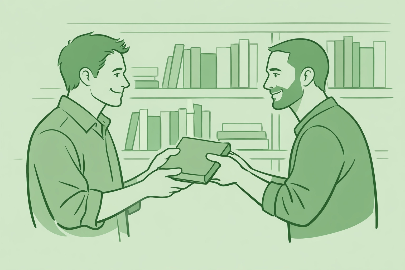 Two men collaborating on a gay literature bookshelf, representing shared purpose and building a queer community.