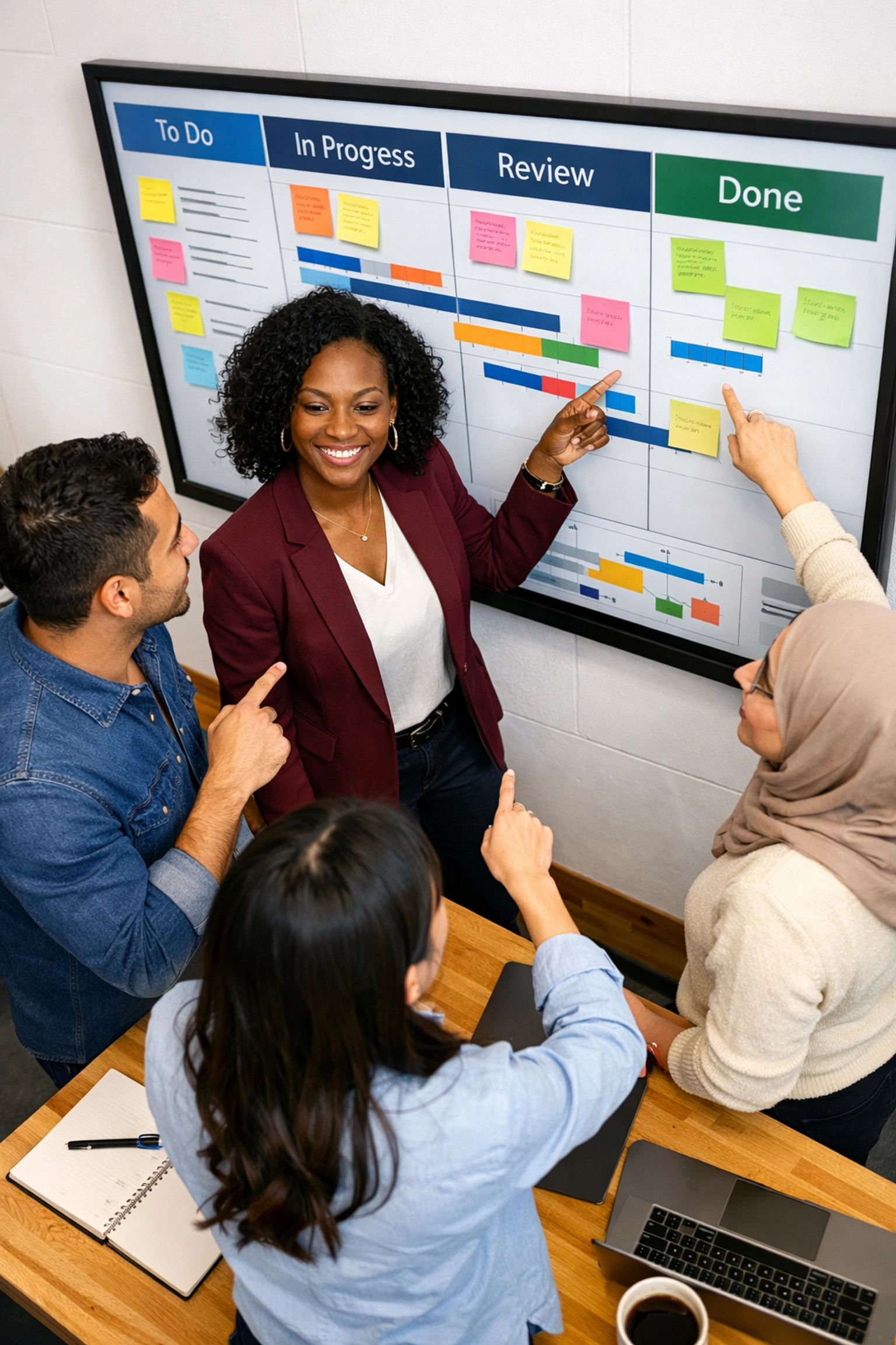 Diverse leadership team collaborating around project board using agile communication methods