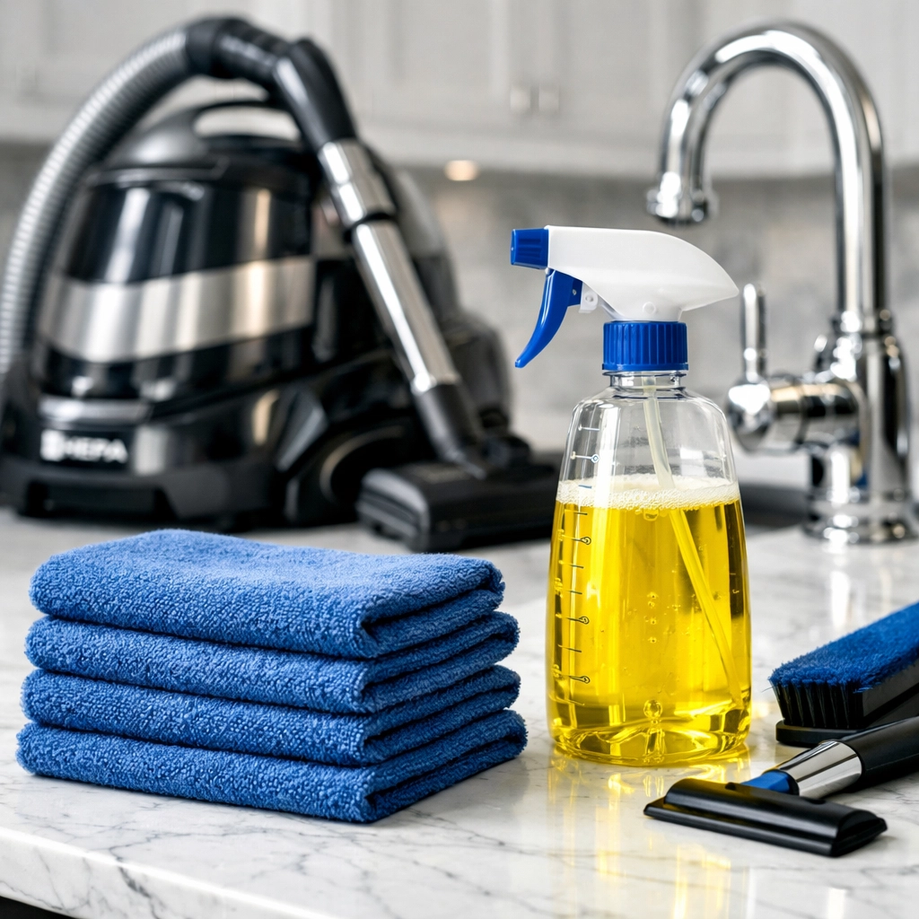 Professional cleaning services near me using HEPA vacuums and eco-friendly supplies on a luxury kitchen island.