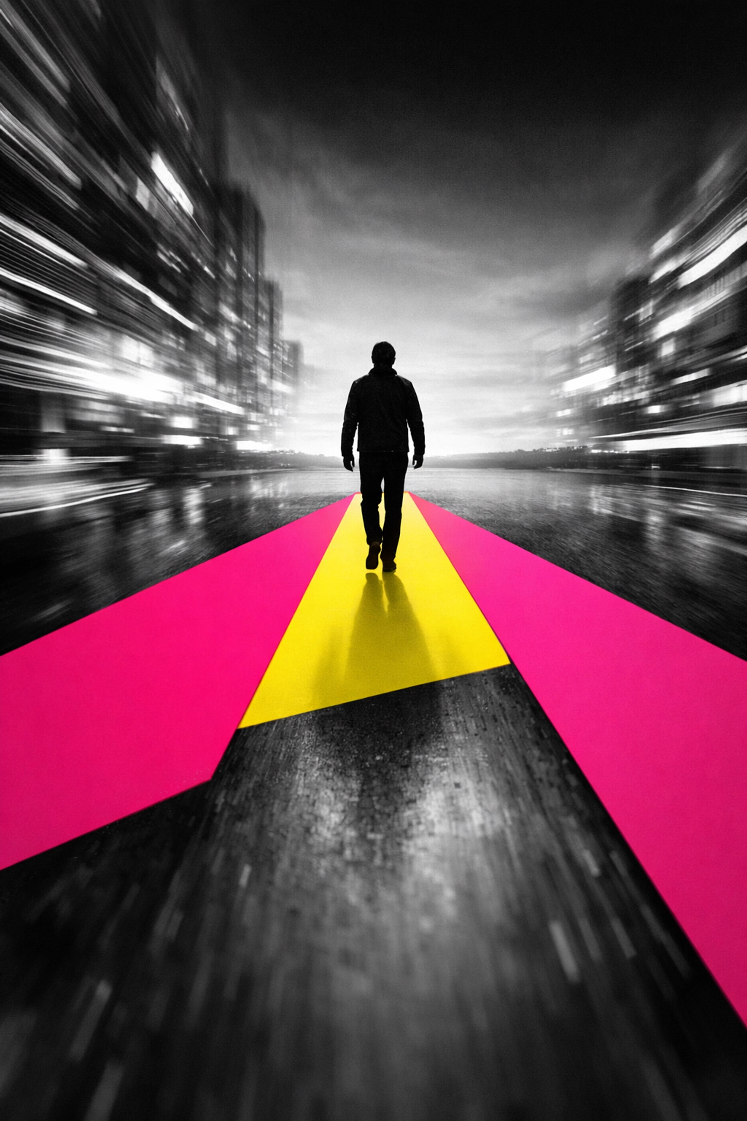 Person walking away from chaotic city toward calm space, choosing rest over burnout