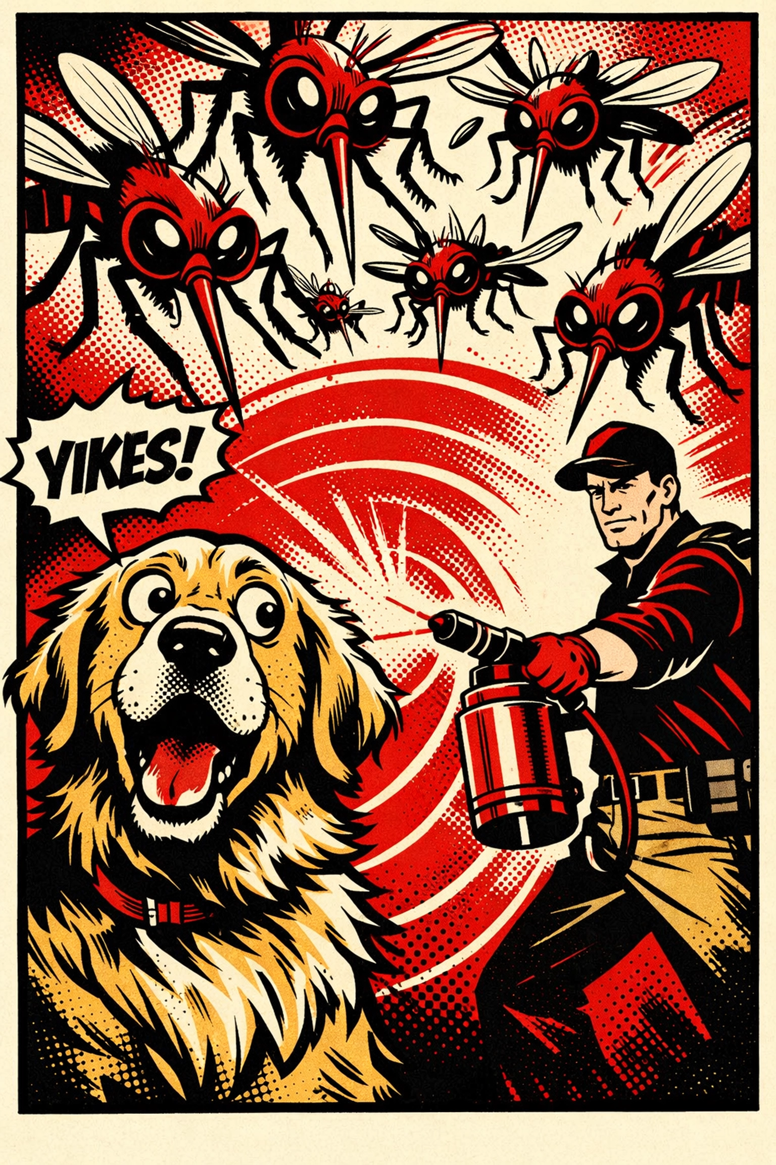 A pet-friendly pest control technician shields a dog from mosquitoes in a retro comic book style.