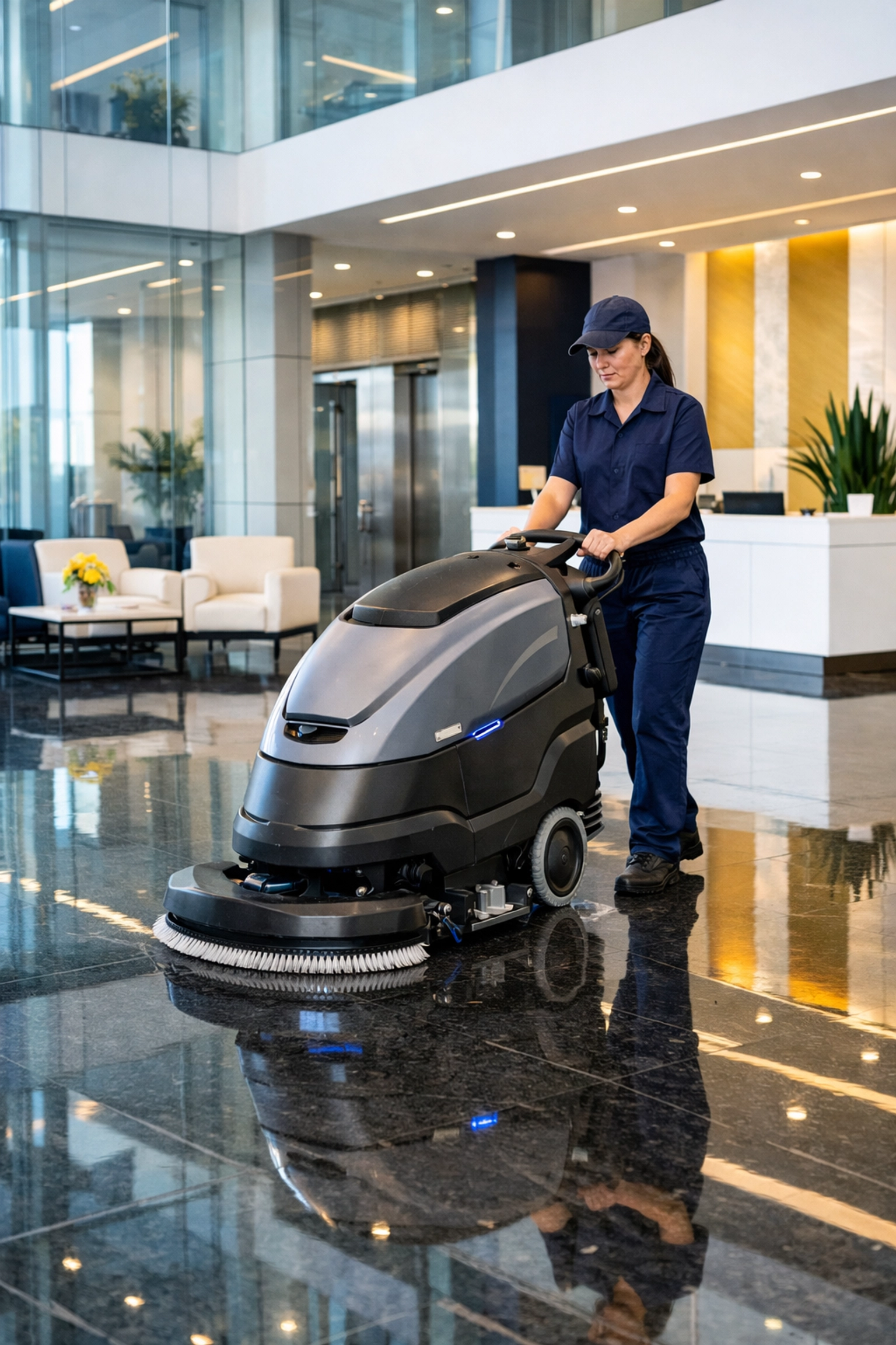 Expert janitorial services Massachusetts providing professional floor scrubbing in a high-end corporate lobby.