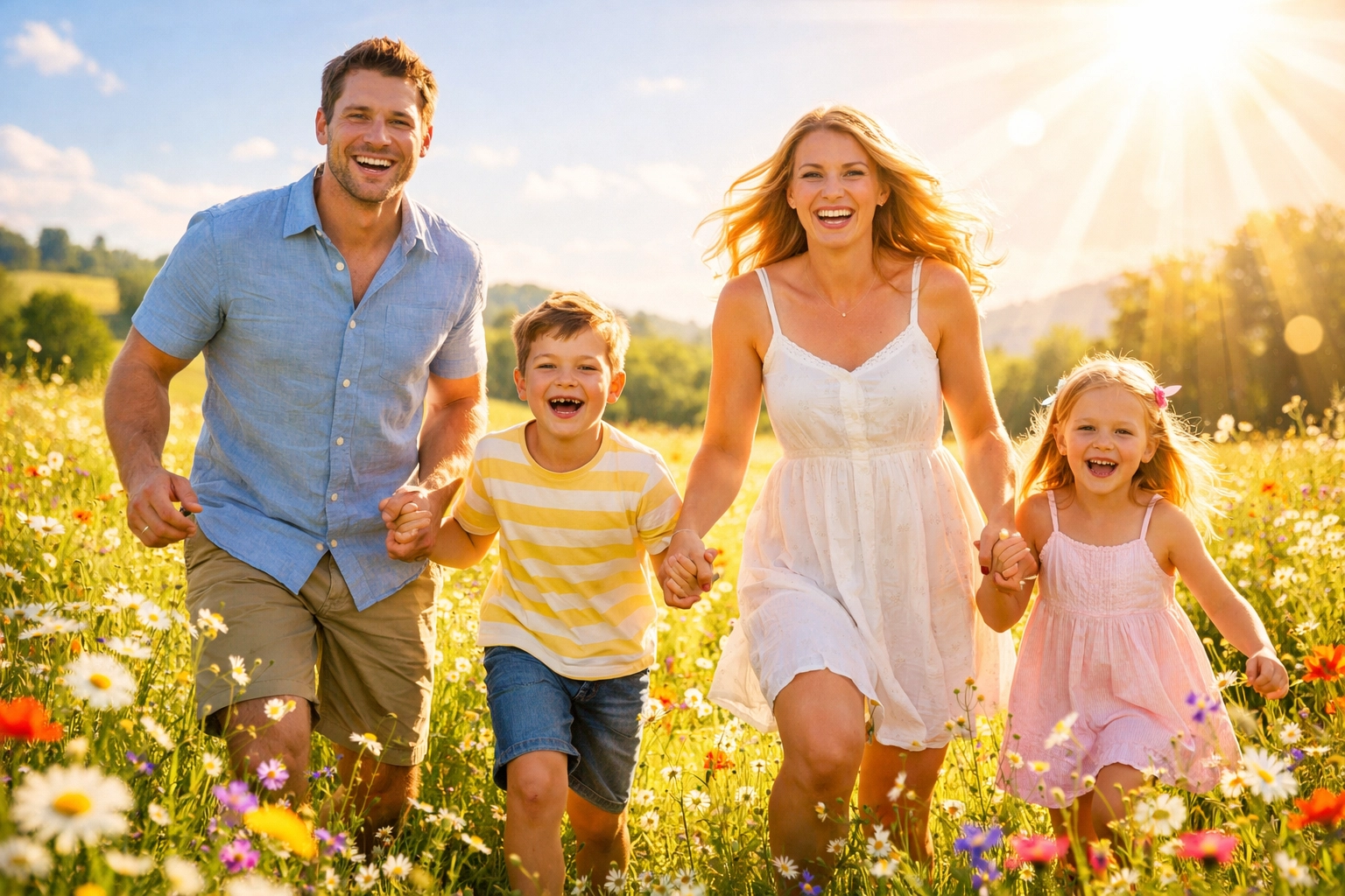 A joyful family walks through a sun-drenched meadow representing the blessing of a Spirit-empowered life.