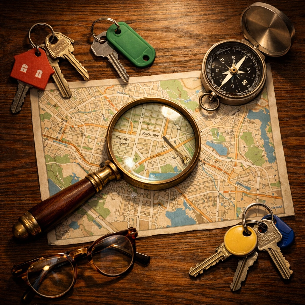 A magnifying glass and keys on a map symbolizing an Oldham mortgage broker finding the best property deal.