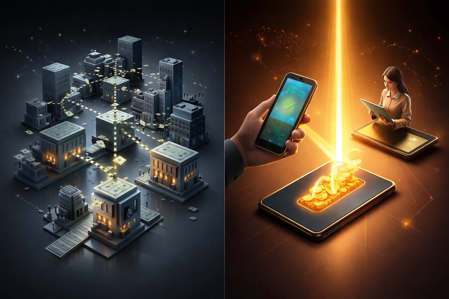 A visual comparison showing complex traditional payment systems with middlemen versus direct crypto transfers for merchants