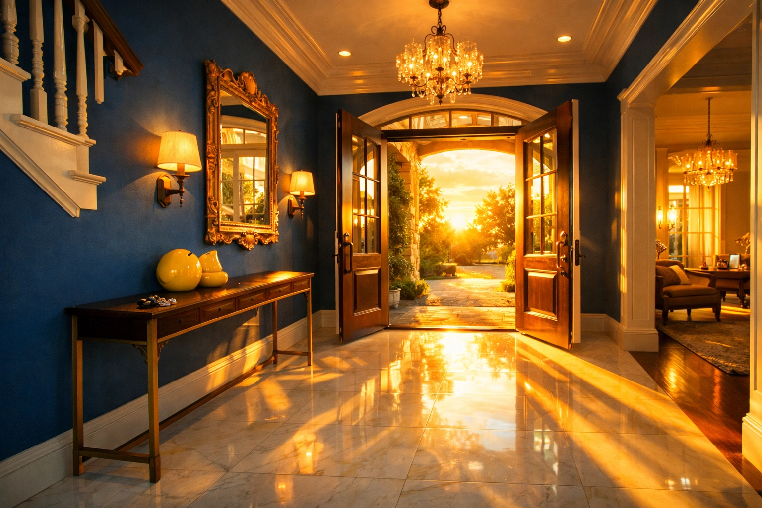 Sunlit grand foyer in a Weston home showcasing professional residential cleaning Weston MA results.