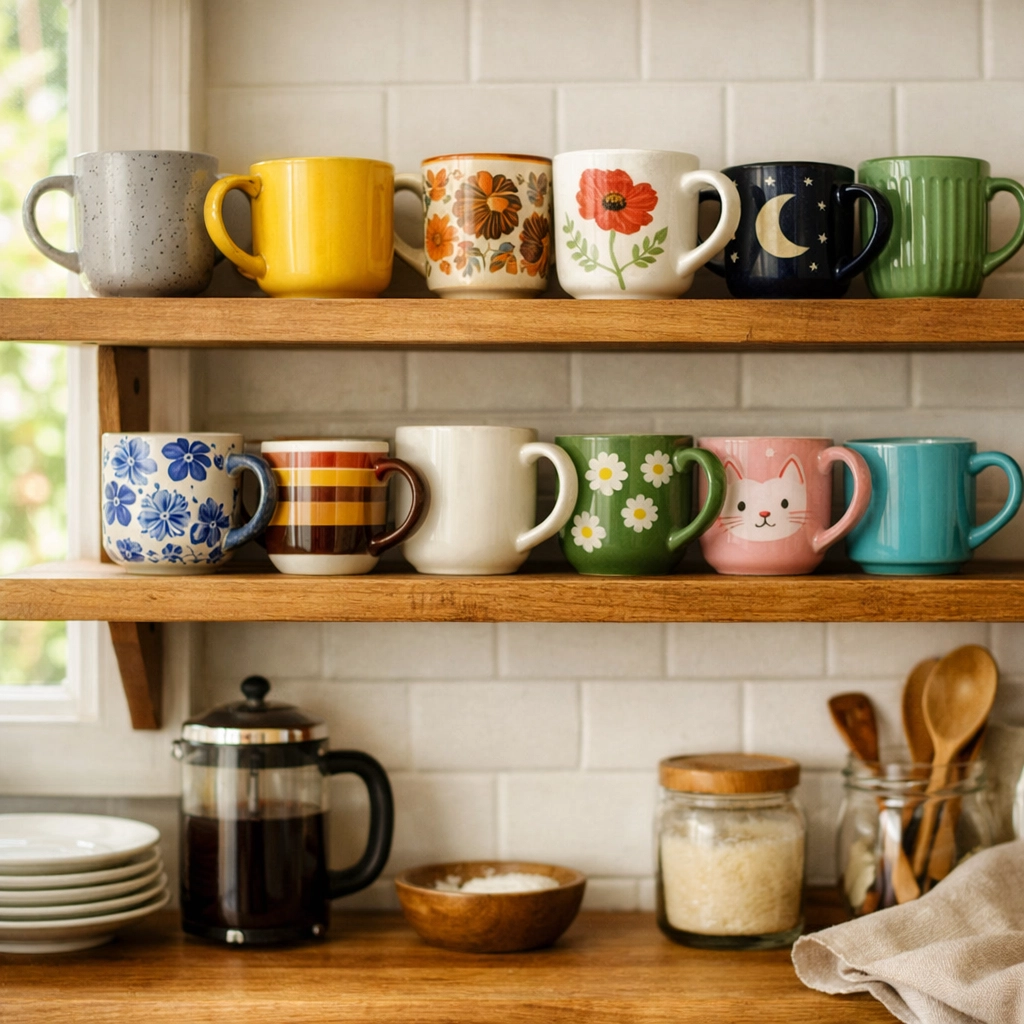 Collection of personalized coffee mugs with unique colors and patterns on kitchen shelves